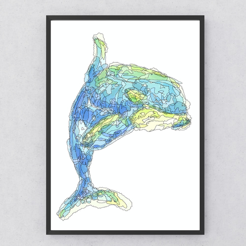 宙を舞うシャチ】シャチの抽象画｜ペンと水彩のアート｜海の動物