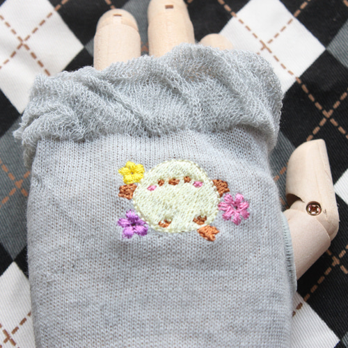 ニットアームカバー シマエナガ 刺繍 UVカット加工 ショート丈 23cm