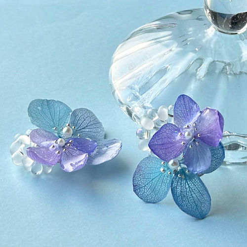 夢色紫陽花】イヤリング／ピアス 本物の紫陽花 プリザーブドフラワー