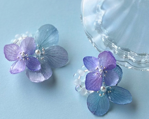紫陽花イヤリング/ピアス♡オーダーページ 夢色紫陽花】イヤリング／ピアス 本物の紫陽花 プリザーブドフラワー
