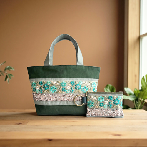 エメラルドグリーン/インド刺繍×帆布◇トートバッグ＆ポーチセット