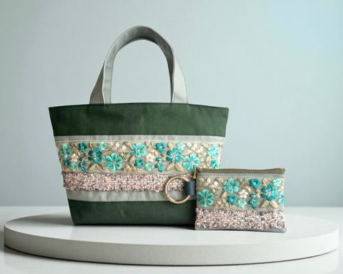 エメラルドグリーン/インド刺繍×帆布◇トートバッグ＆ポーチセット