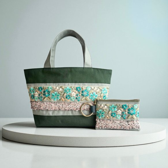★mayu★様 インド刺繍生地 トートバッグハンドメイド エメラルドグリーン/インド刺繍×帆布◇トートバッグ＆ポーチセット