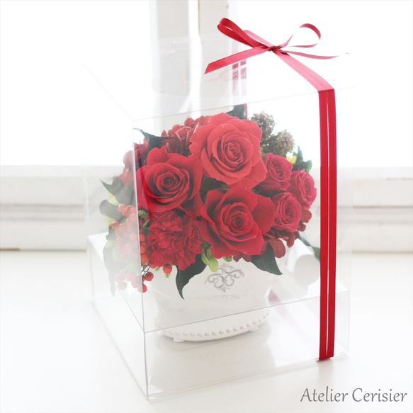 プリザーブドフラワー＜ララ＞コーラルレッド アレンジメント 赤い薔薇 カーネーション【お祝い】還暦 母の日 6枚目の画像