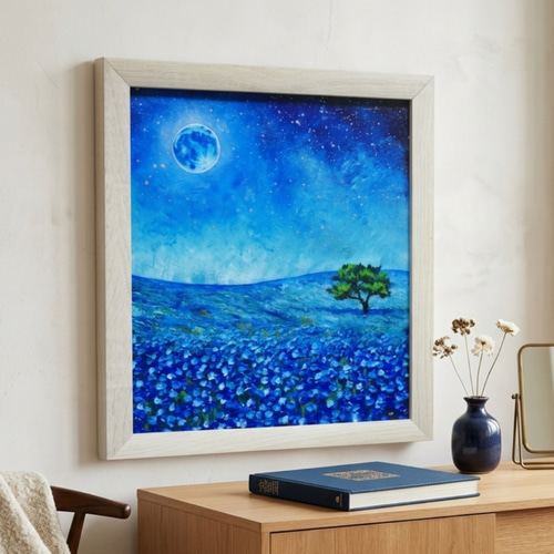 油彩画 原画【蒼に溶ける月夜】抽象画 青 油絵 絵画 モダン インテリア