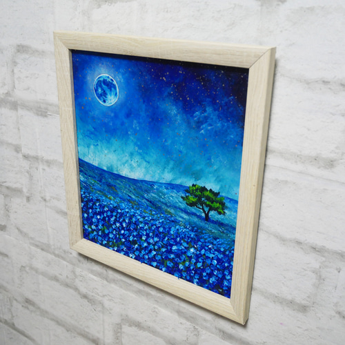 油絵 油彩 油彩画 絵 絵画 【ネモフィラと青い満月と星空】 絵画 HR