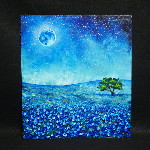 油絵 油彩 油彩画 絵 絵画 【ネモフィラと青い満月と星空】 絵画 HR
