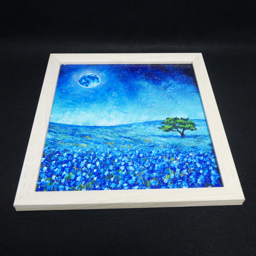 油絵 油彩 油彩画 絵 絵画 【ネモフィラと青い満月と星空】 絵画 HR