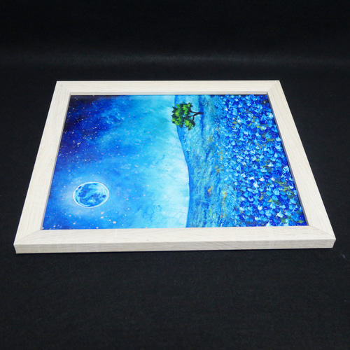 油絵 油彩 油彩画 絵 絵画 【ネモフィラと青い満月と星空】 絵画 HR