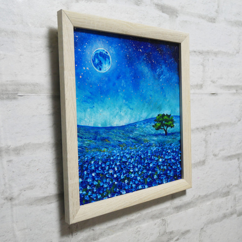 油絵 油彩 油彩画 絵 絵画 【ネモフィラと青い満月と星空】 絵画 HR