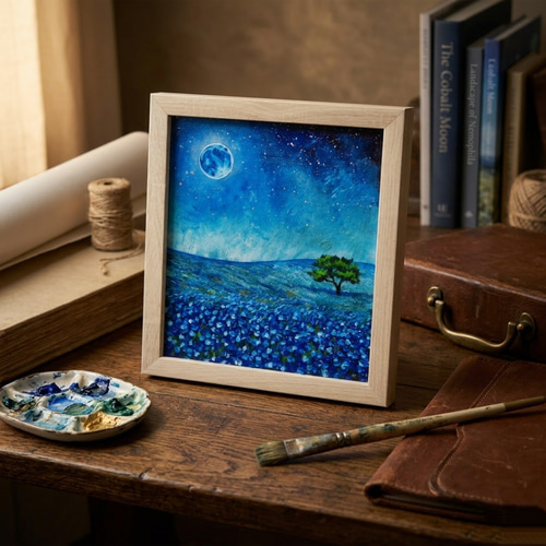 油彩画 原画【蒼に溶ける月夜】抽象画 青 油絵 絵画 モダン インテリア