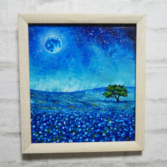 油絵 油彩 油彩画 絵 絵画 【ネモフィラと青い満月と星空】 絵画 HR