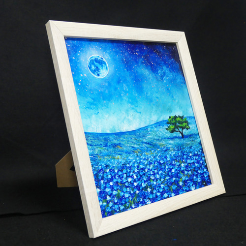 油絵 油彩 油彩画 絵 絵画 【ネモフィラと青い満月と星空】 絵画 HR