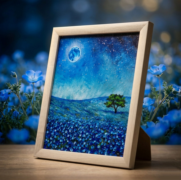 油彩画 原画【蒼に溶ける月夜】抽象画 青 油絵 絵画 モダン インテリア