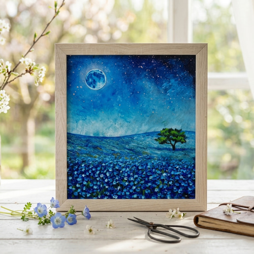 油彩画 原画【蒼に溶ける月夜】抽象画 青 油絵 絵画 モダン インテリア