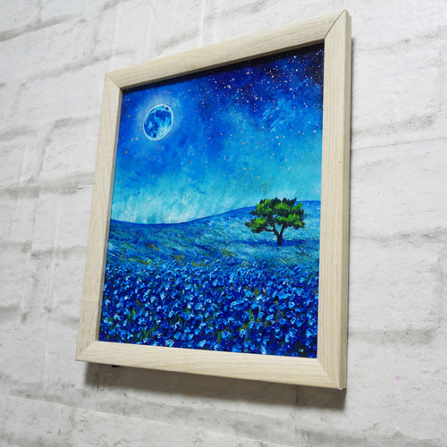 油絵 油彩 油彩画 絵 絵画 【ネモフィラと青い満月と星空】 絵画 HR