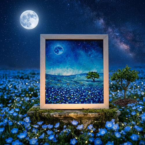 油彩画 原画【蒼に溶ける月夜】抽象画 青 油絵 絵画 モダン インテリア