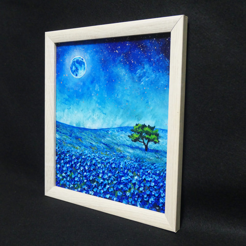 油絵 油彩 油彩画 絵 絵画 【ネモフィラと青い満月と星空】 絵画 HR