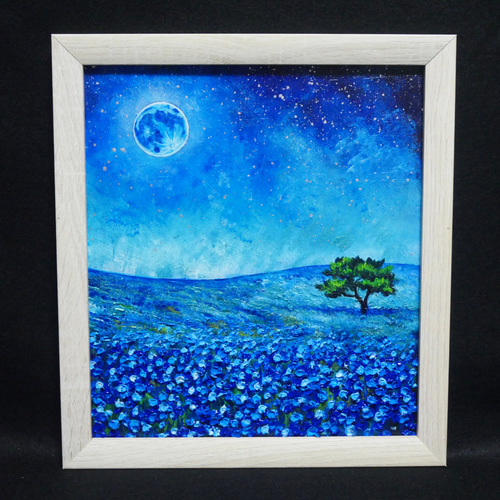 油彩画 原画【蒼に溶ける月夜】抽象画 青 油絵 絵画 モダン インテリア