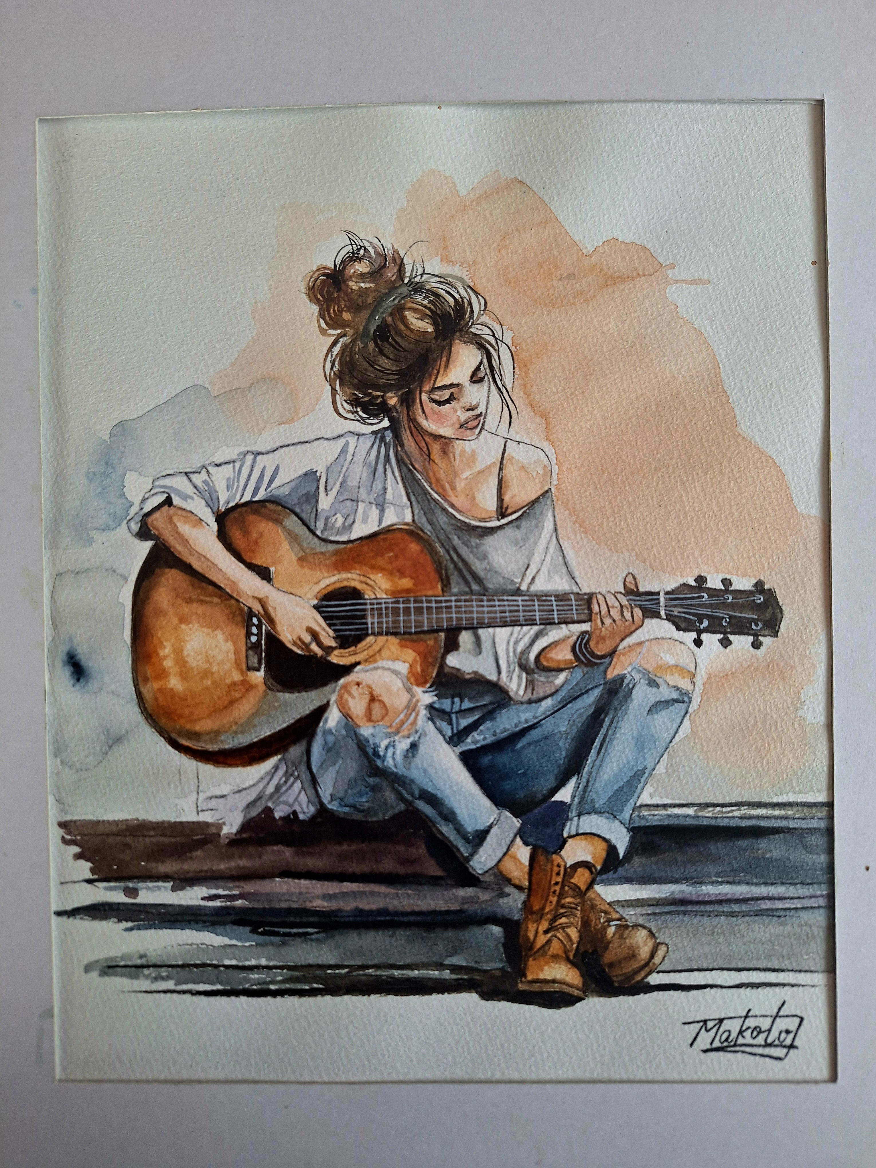 Yoko 油彩画 ギターを弾く女性 Yoko 油彩画 ギターを弾く女性 - メルカリ