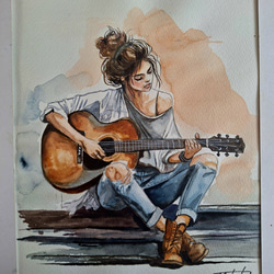 Yoko 油彩画 ギターを弾く女性 Yoko 油彩画 ギターを弾く女性