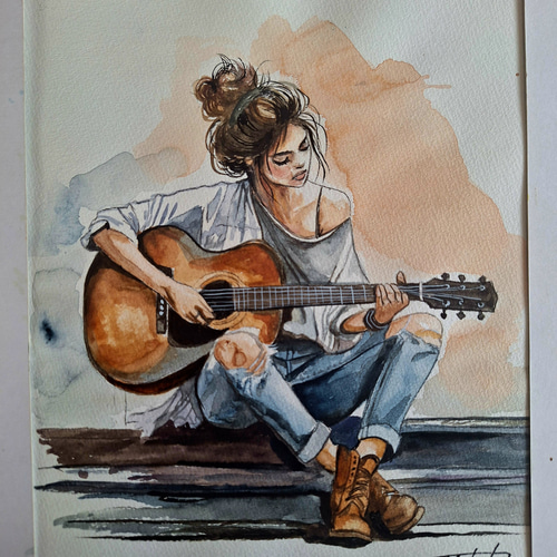 ロシア人作家の水彩画A　人物と楽器の絵 水彩画 ギターを弾く女 絵画 makochin 通販 19278853｜Creema(クリーマ