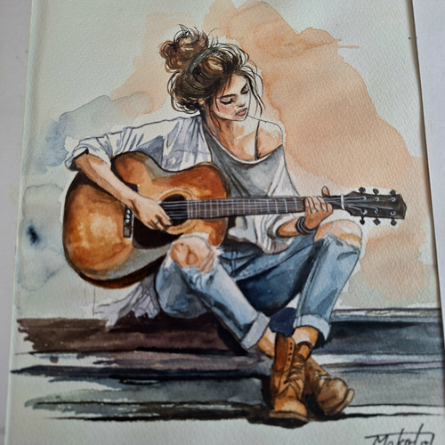 『Classical guitar』版画　着彩版画　蜜蝋版画　イラスト Cartoon Guitar Acoustic Classical Guitar, Guitar Clipart