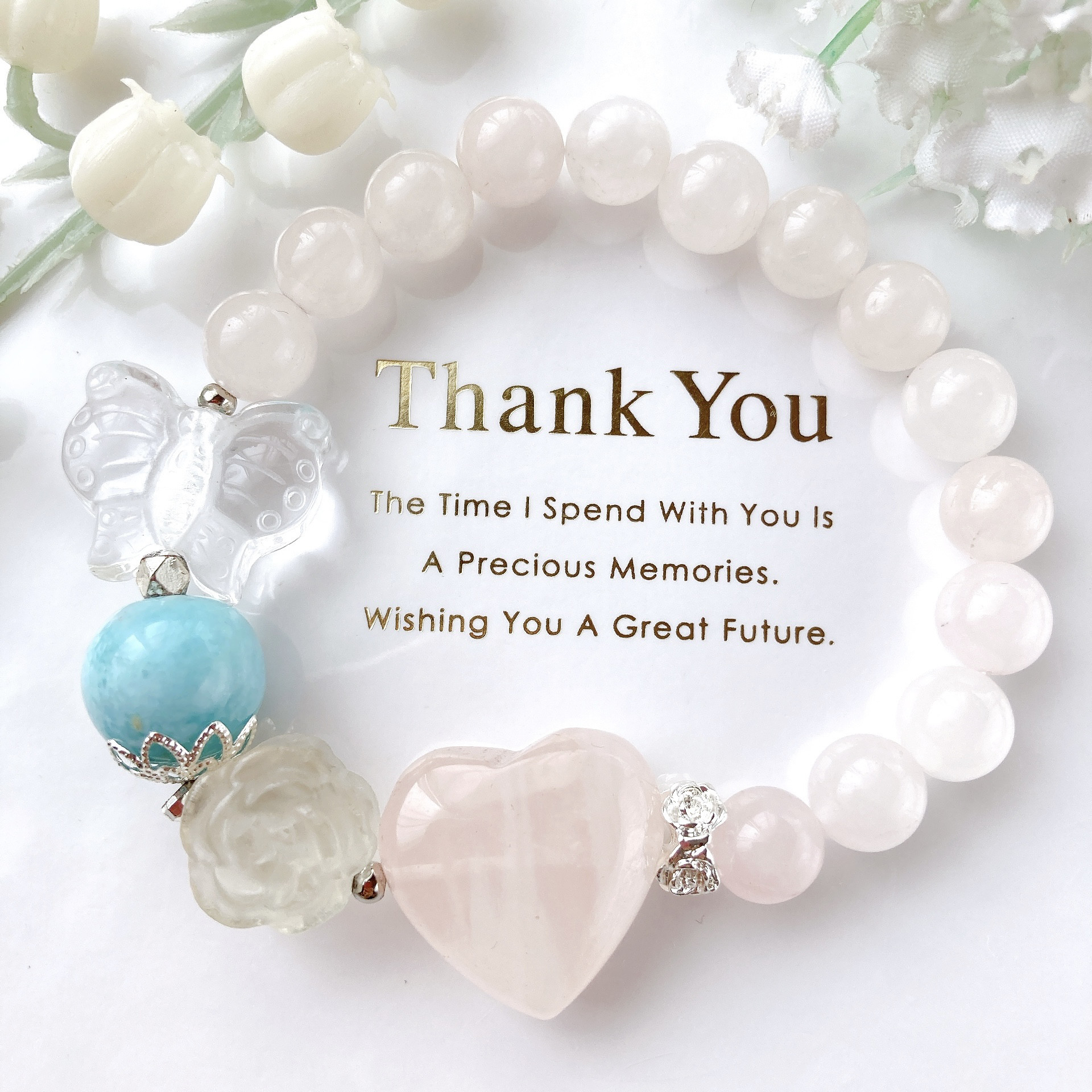 ローズクォーツハートラリマー蝶々水晶天然石ブレスレット