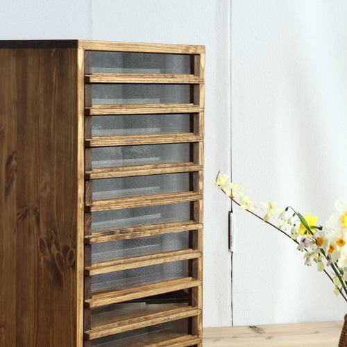 前面ガラスの小引き出し10杯（ミシン糸の収納棚、レターケース