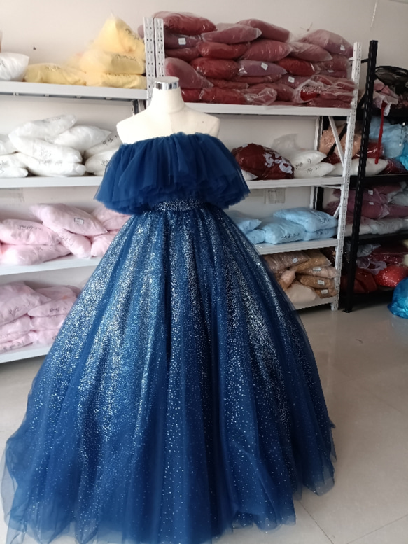 カラードレス ネイビー オフショルダー キラキラグリッターチュール