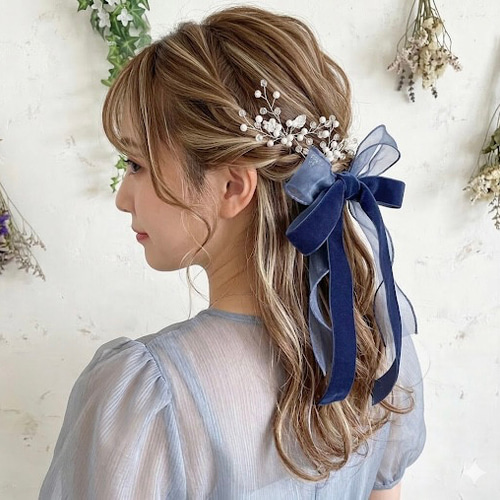 2点セット【ネイビー】ベロアリボン ➕ オーガンジーリボン