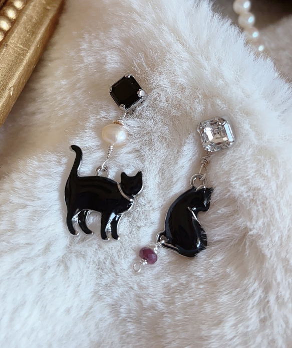 ☆モノトーン猫ちゃんピアス☆③ 猫モチーフ】【猫】【黒猫】【黒猫アクセサリー】【動物アクセサリー