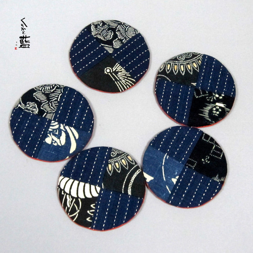 丸いコースター 5枚セット 刺し子 型染 藍木綿 古布 s2267