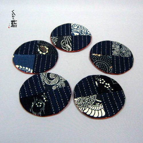 丸いコースター 5枚セット 刺し子 型染 藍木綿 古布 s2267
