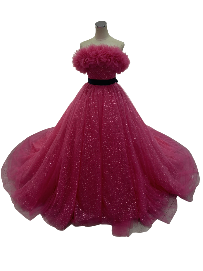 カラードレス ビビッドピンク 取り外しオフショルダー サッシュベルト 編み上げ キラキラグリッターチュール 花嫁