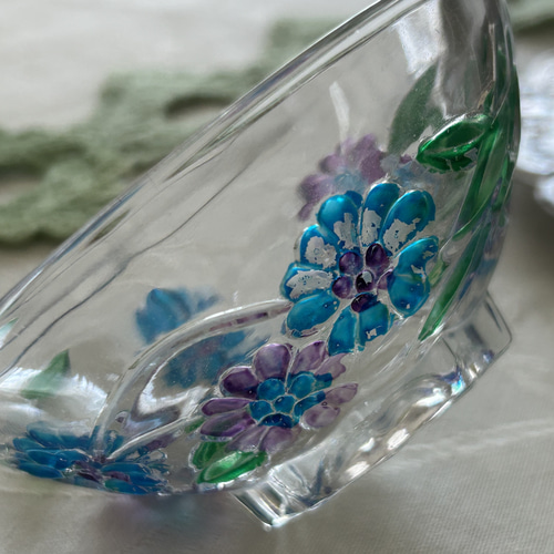 Japanese Vintage お花柄のカットガラス 酒器 ミニ皿 豆皿 小皿 カップ