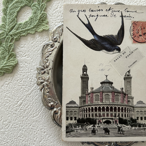 アンティークポストカード メッセージを運ぶつばめ 額装 インテリア