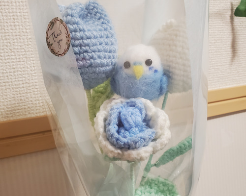 ニットフラワーブーケ 花束 編み物 セキセイインコ 羊毛フェルト