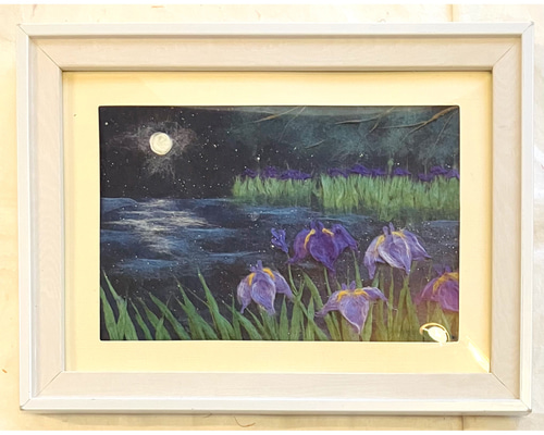 和紙ちぎり絵『満月と菖蒲』葉書サイズ原画 切り絵 彩紘工房