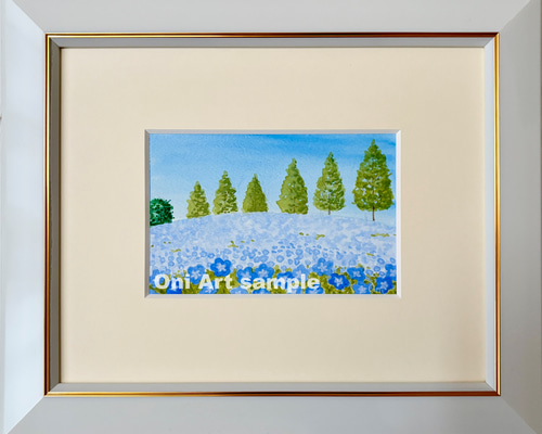 ネモフィラの咲く丘05」アクリル画 原画 風景画 額縁付 ハガキサイズ