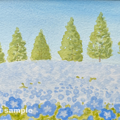 ネモフィラの咲く丘05」アクリル画 原画 風景画 額縁付 ハガキサイズ