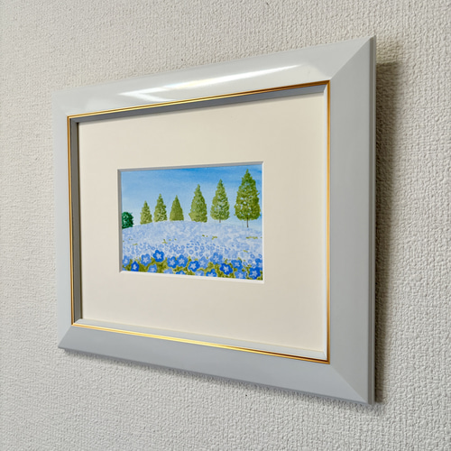 ネモフィラの咲く丘05」アクリル画 原画 風景画 額縁付 ハガキサイズ