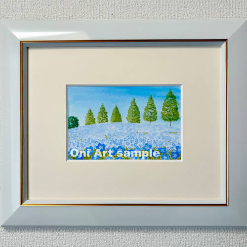 ネモフィラの咲く丘05」アクリル画 原画 風景画 額縁付 ハガキ