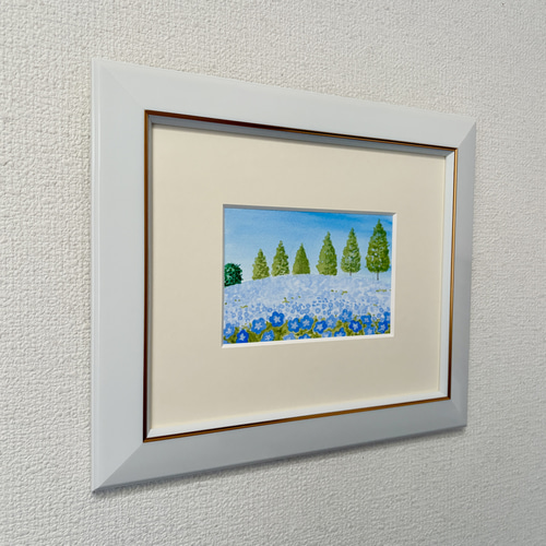 ネモフィラの咲く丘05」アクリル画 原画 風景画 額縁付 ハガキサイズ