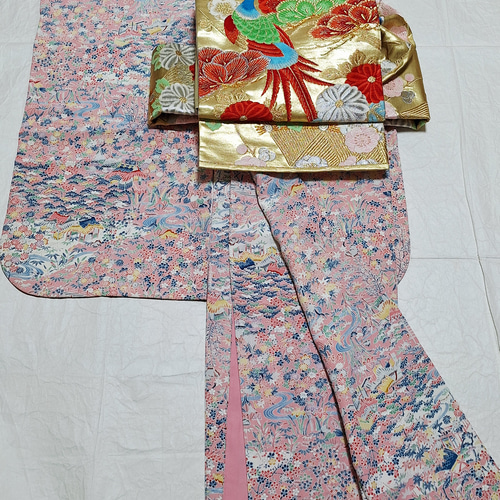 ワンタッチ帯 くらわん帯 正絹袋帯リメイク 孔雀松梅菊文様 作り帯