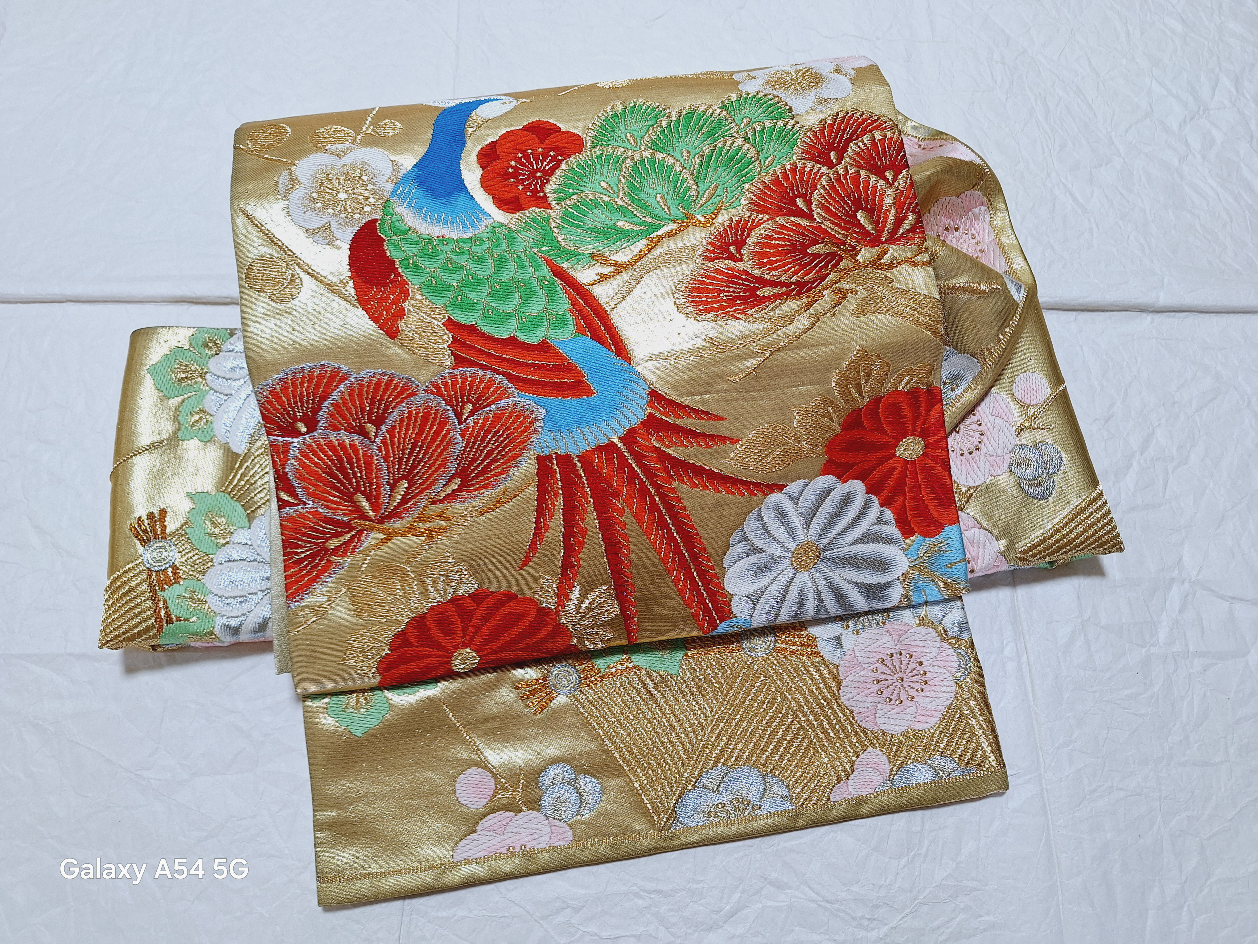 ワンタッチ帯　くらわん帯　正絹袋帯リメイク　孔雀松梅菊文様　作り帯　簡単帯