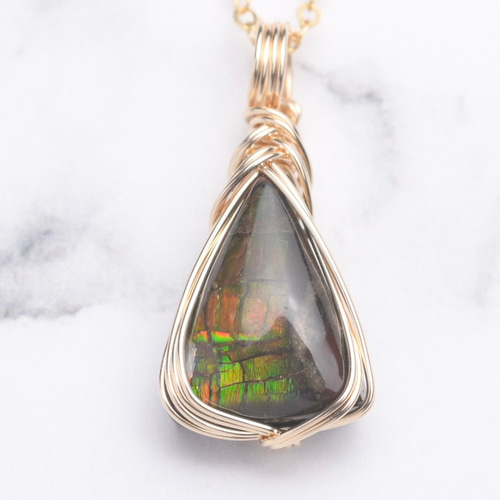 アンモライト ペンダントトップ ワイヤーラッピング ネックレス 14kgf