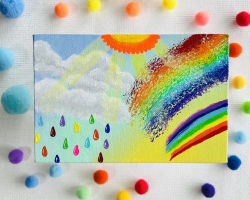 ハガキサイズ】虹 雨 キャンバスアート カラフル アクリル絵の具