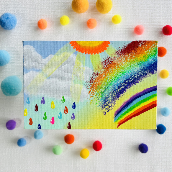 ハガキサイズ】虹 雨 キャンバスアート カラフル アクリル絵の具