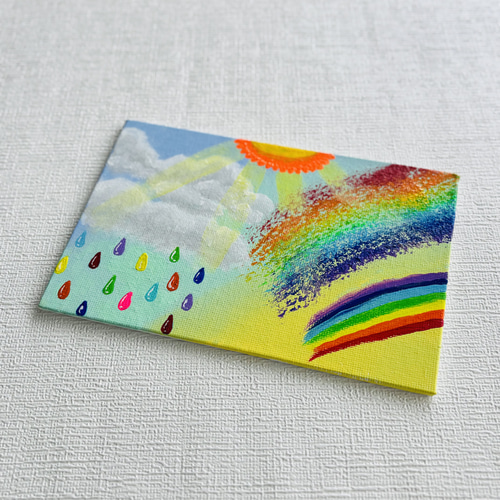 ワオキツネザル アクリル絵の具 キャンバス オリジナル ハガキサイズ】虹 雨 キャンバスアート カラフル アクリル絵の具